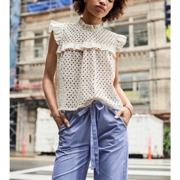 Anine Bing Tops - ANINE BING Top Women XS Cream White Eyelet Ruffle Sleeveless Boho Embroidered